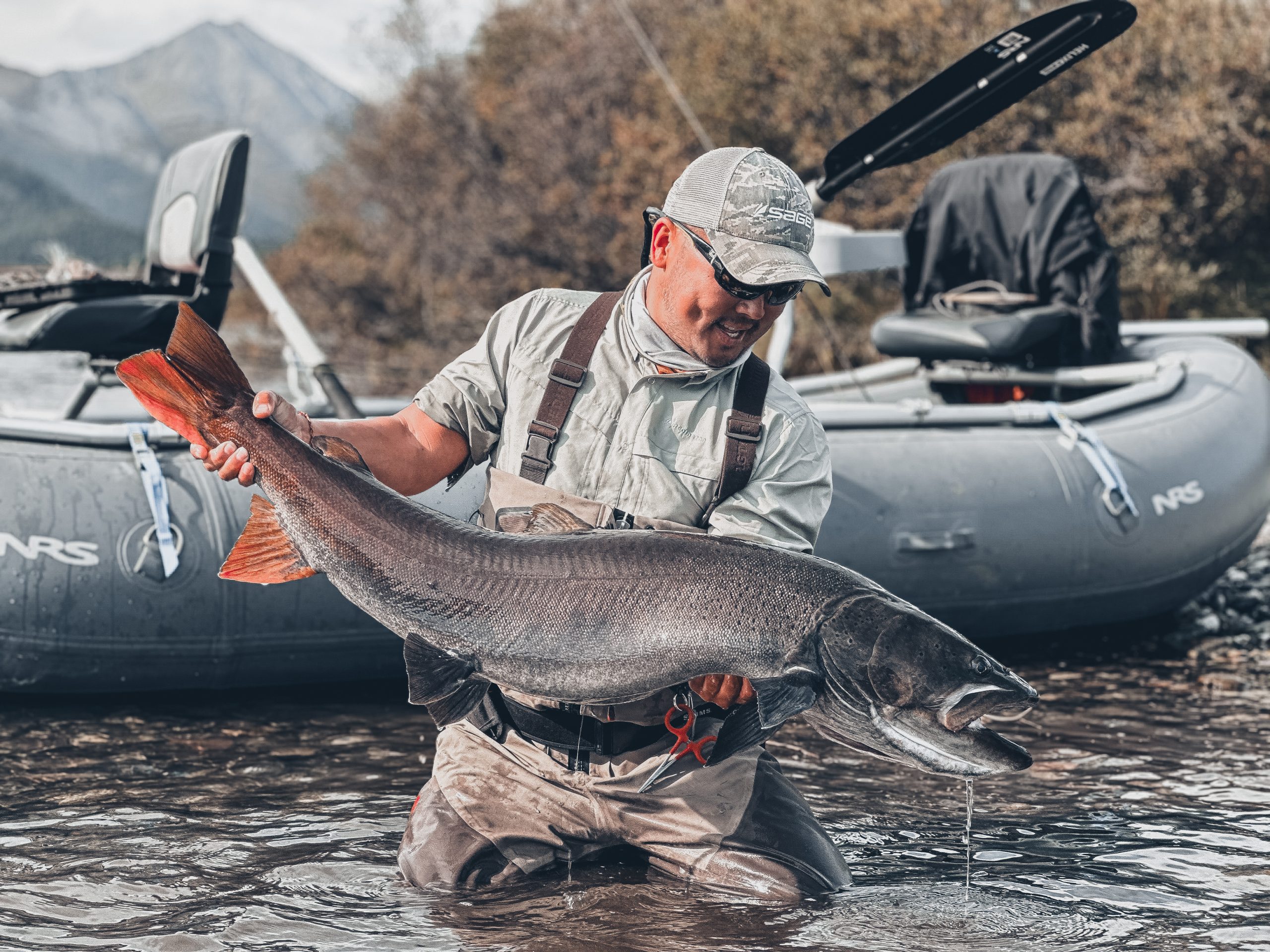Angler holding a taimen in the river
